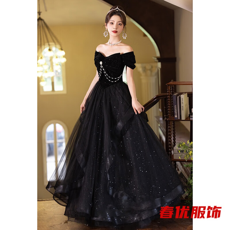 芭瑾圖黑色晚禮服裙新款輕奢小眾高端宴會(huì)年會(huì)主持人感優(yōu)雅氣質(zhì) 黑色 L 170