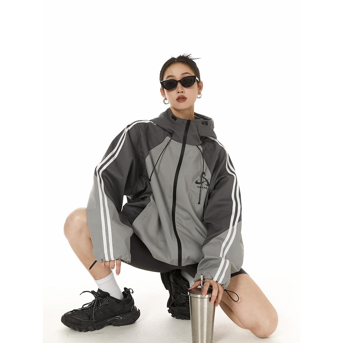 ICH MODE美式连帽冲锋衣外套女春秋宽松运动户外防风机能夹克男 灰色 XL