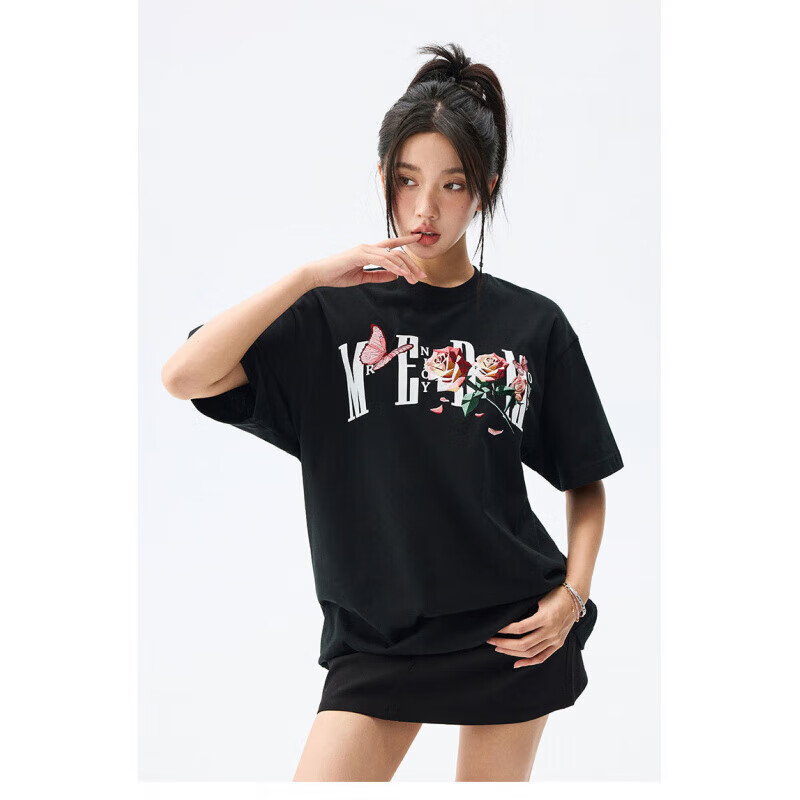 MEDM24SS折纸切片玫瑰蝴蝶刺绣短袖T恤男女同款夏季美式复古半袖 白色 (内有衬布) XL