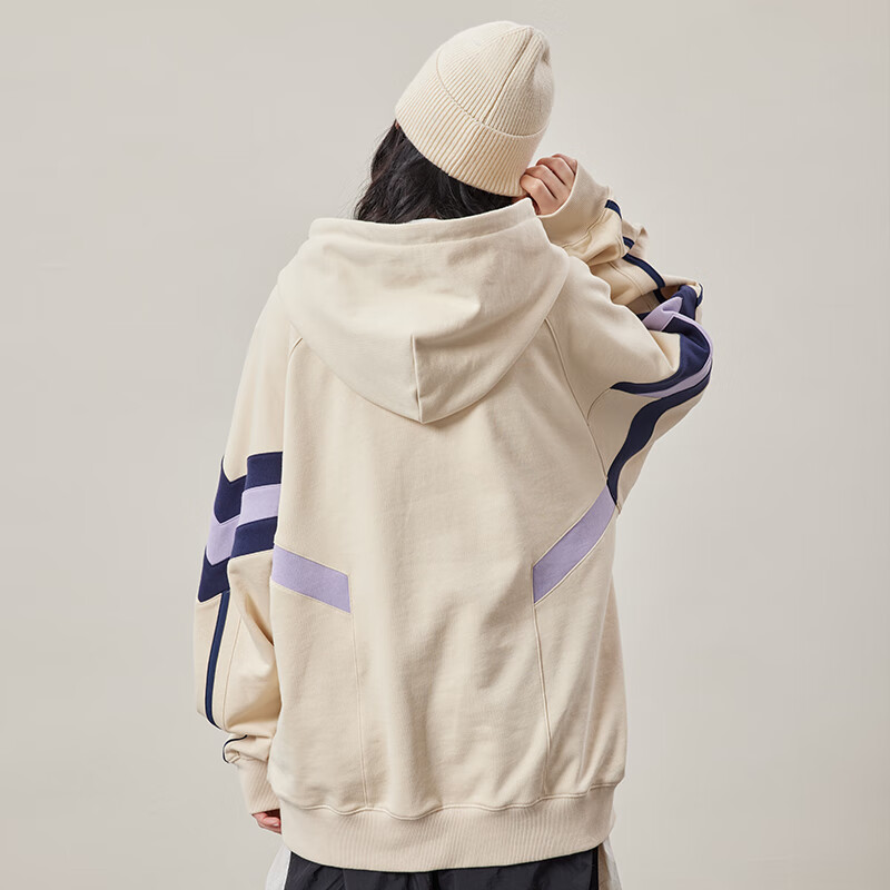 公鸡冠军春季新款卫衣浅杏色男女同款连帽刺绣拼接撞色简约宽松外套 浅杏色 XL