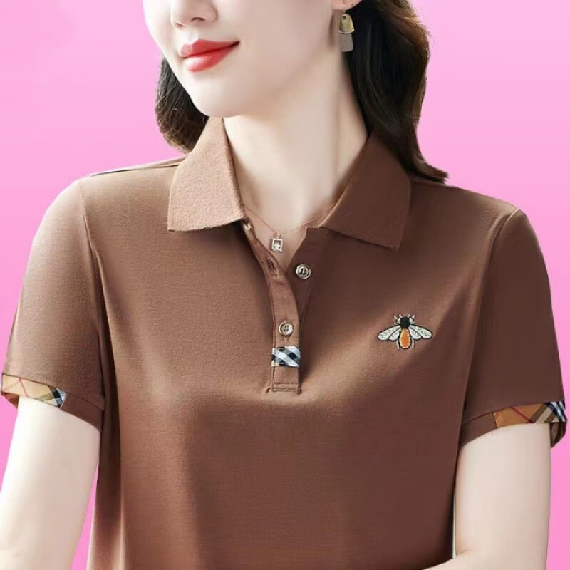 妈妈装短袖t恤夏季2026大码女装洋气显瘦女士POLO领打底衫上衣服 YB-833KY杏色 M 【建议80-95斤】