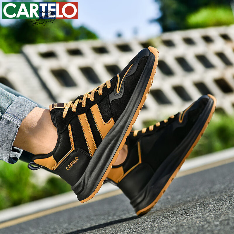 卡帝乐鳄鱼男士运动鞋潮流系带百搭运动鞋厚底复古防滑鞋子男舒适减震男鞋 黑黄 41