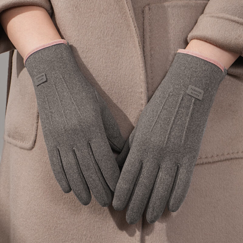 达芬奇密码 冬季保暖可爱女生日系太阳花扣加绒分指手套带触屏 拼色卡其