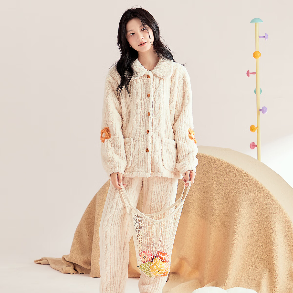 都市丽人女士睡衣女加绒冬季长毛绒保暖翻领长袖提花家居服套装女可外穿 驼色 M