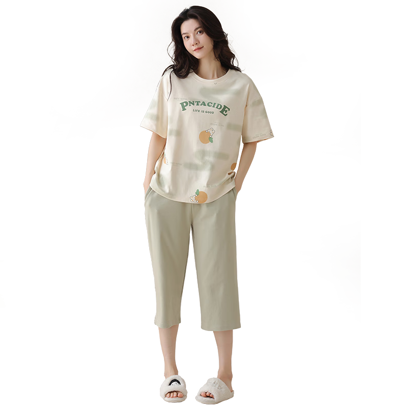 百亿补贴:芬腾可安(FENTENGCARE)女士睡衣女100%纯棉夏季短袖七分裤家居服可外穿圆领休闲套装Q3 72.1元