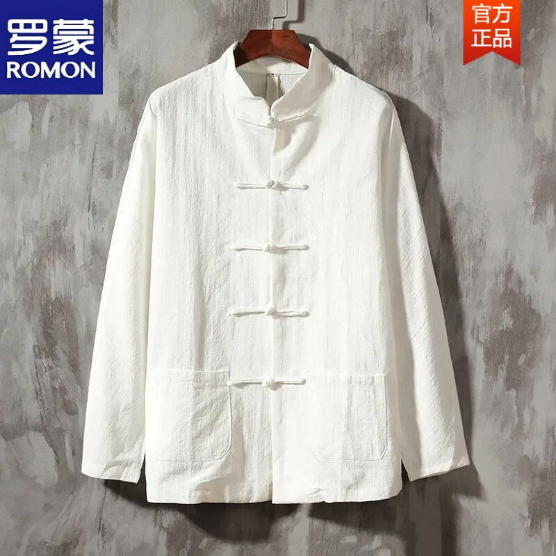 羅蒙（ROMON）春夏季唐裝男中國風(fēng)棉麻套裝中式服裝長袖三件套亞麻衣服國潮茶服 單件內(nèi)搭 XL 【建議125-140斤】