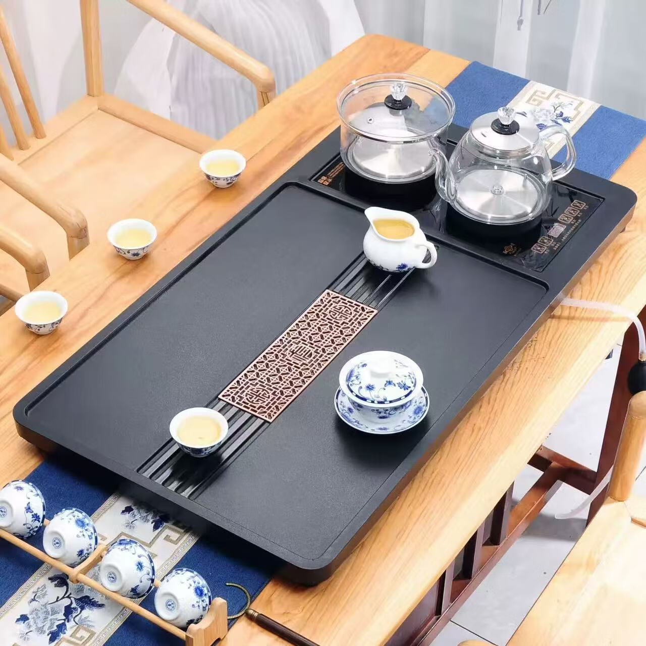 合成乌金石茶盘全自动一体烧水壶套装客厅办公室家用简约茶台茶具 长窗花  （85*45cm开孔一体） 带玻璃烧水壶