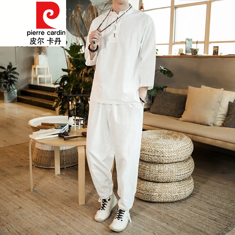 皮爾卡丹（pierre cardin）茶道服裝男士中國風(fēng)亞麻茶人服茶藝師棉麻禪意禪修茶服居士道套裝 白色 2XL