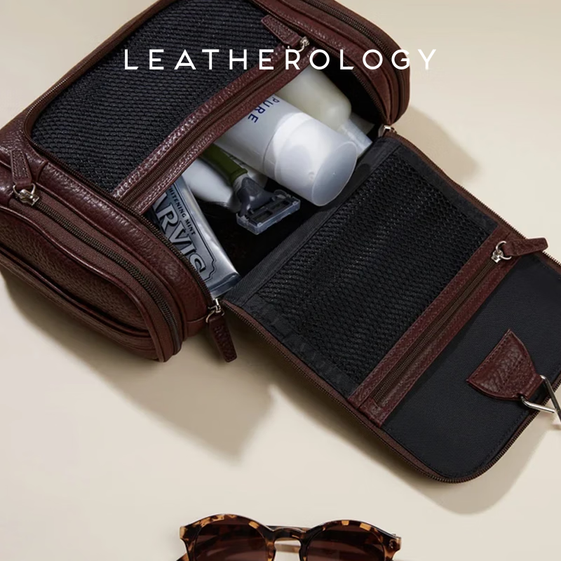 LEATHEROLOGY牛皮可挂式洗漱包男旅行收纳袋便携大容量手提化妆包定制老师礼物 玛瑙黑L号