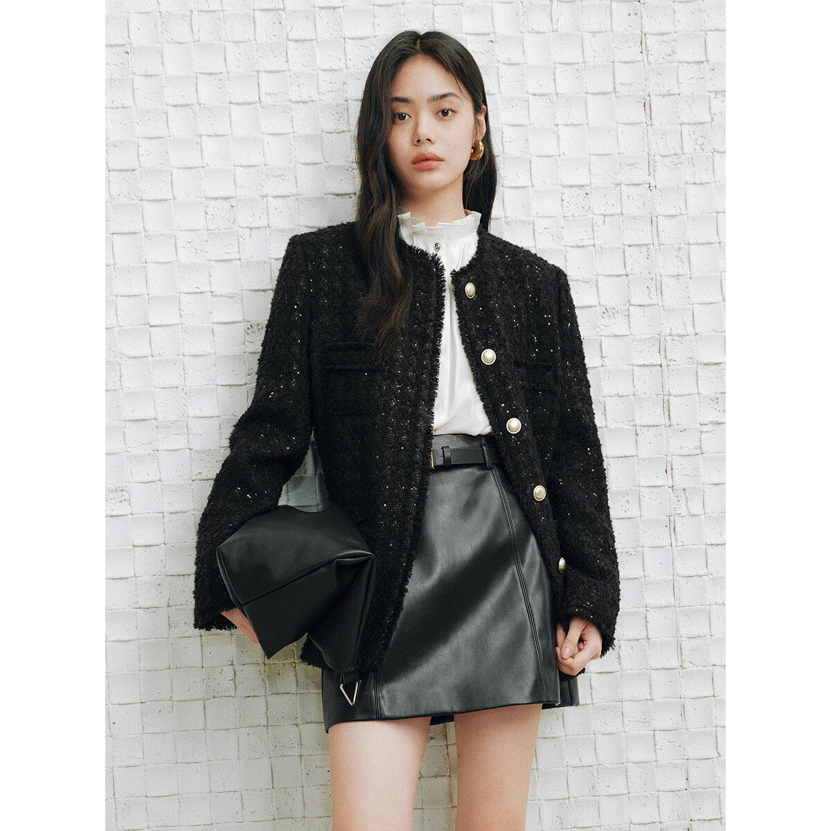 太平鸟热红酒 本命年红色法式浪漫毛边小香风外套女2025春装新款夹克 黑色 L