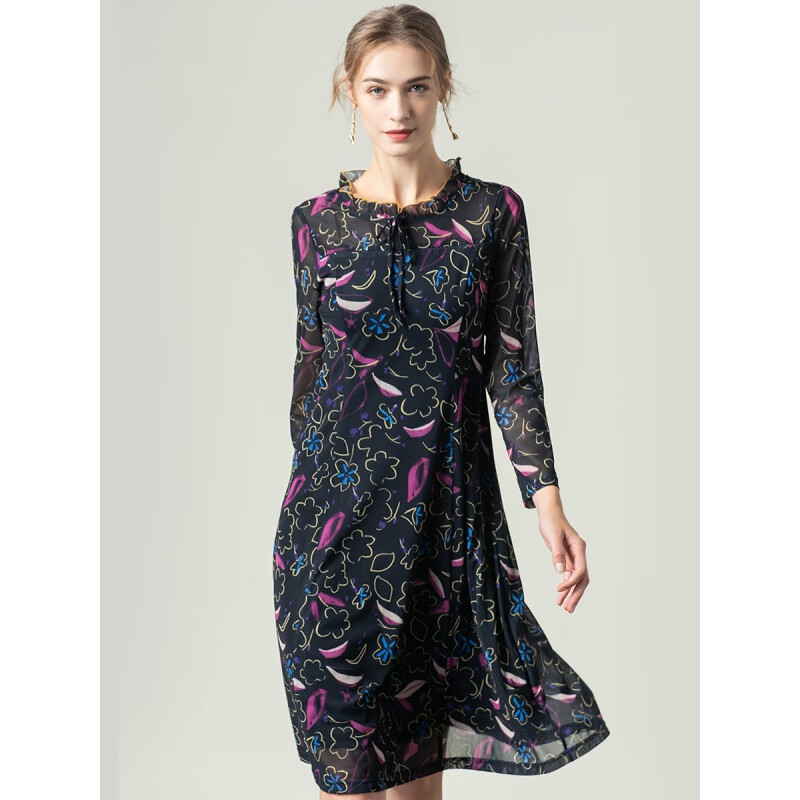 唐朱迪女装秋新品修身系带荷叶领花色淑女长袖连衣裙t123059 紫花65 m