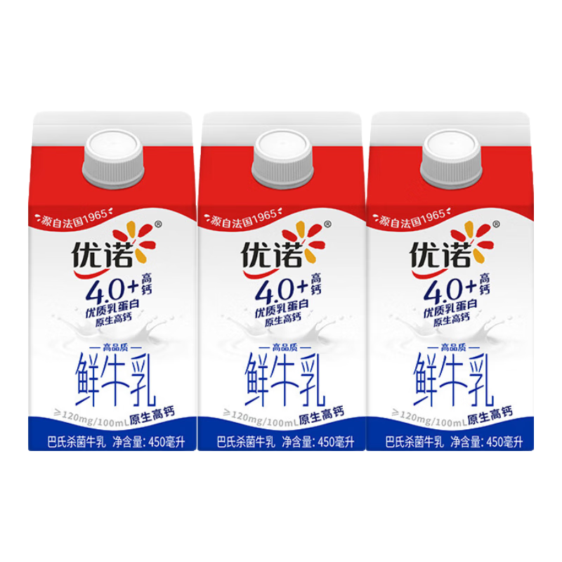 优诺（yoplait） 4.0+优质乳蛋白 鲜牛奶巴氏杀菌鲜奶450ml*3盒 营养早餐