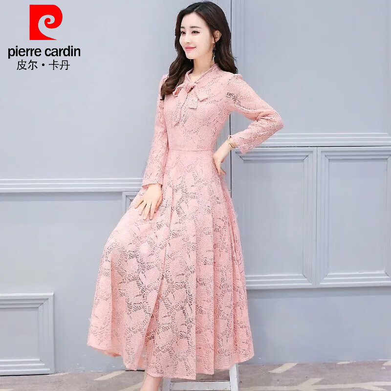 皮爾卡丹（pierre cardin）春秋長袖蕾絲連衣裙中長款女2025新款裙子氣質(zhì)長裙春秋打底裙女裝 粉色【蝴蝶領(lǐng)】 S