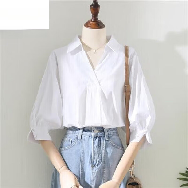LISCN白襯衫女夏季職場(chǎng)通勤穿搭寬松燈籠袖職業(yè)OL簡(jiǎn)約百搭襯衣七分袖 白色 XL 建議123到133斤