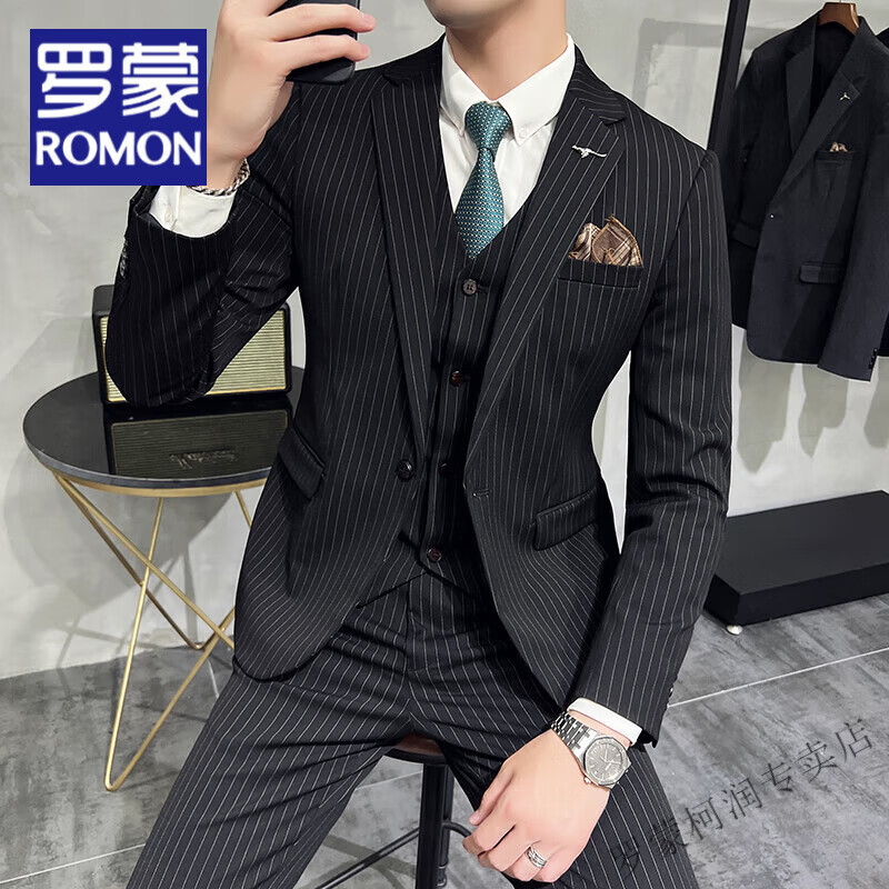 羅蒙（ROMON）輕熟韓版修身?xiàng)l紋西服套裝男痞帥感通勤簡(jiǎn)約新郎禮服三件套男裝 黑色(西服+褲子+馬甲)三件 XL