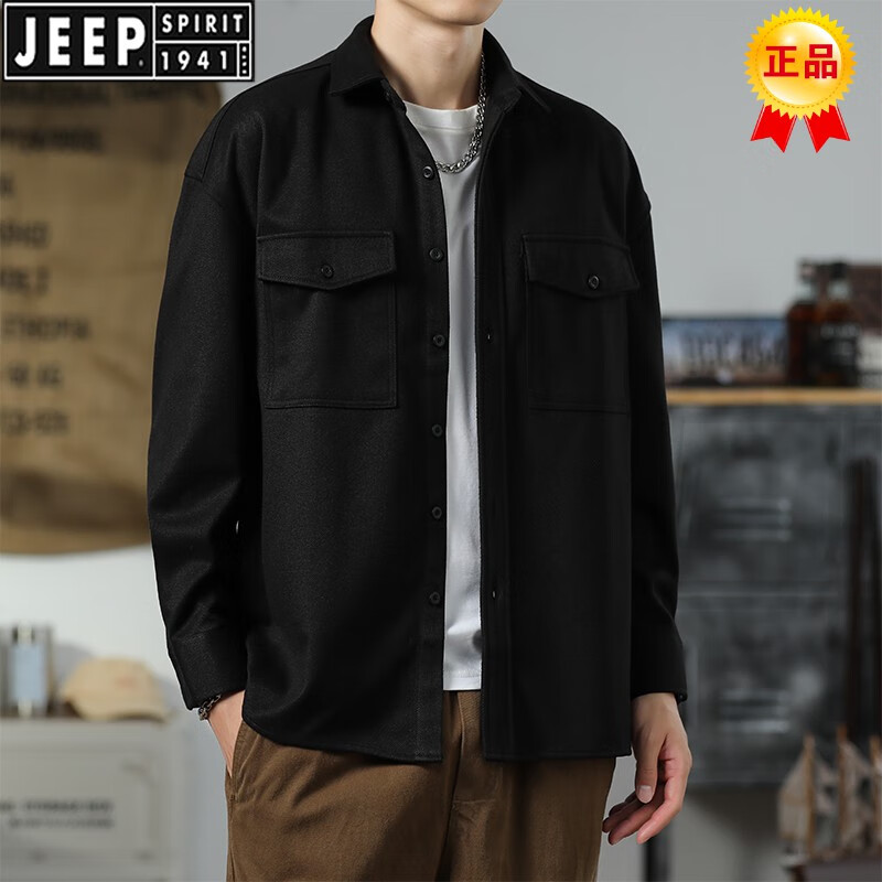 JEEP SPIRIT工装衬衫男生2025春秋季新款翻领宽松休闲长袖衬衣百搭潮流外套男 黑色 【建议145-160斤】 2XL