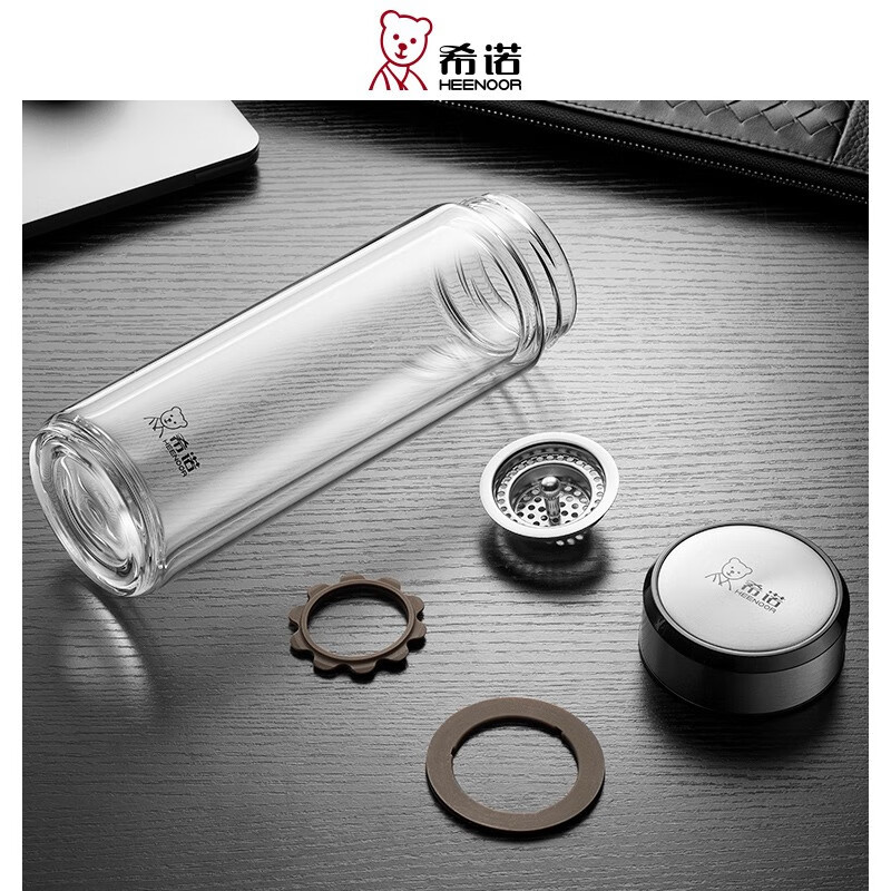 希诺(heenoor)双层玻璃杯耐热便携保温车载水杯商务办公男士家用高档过滤泡茶杯 6713黑色-390ml-不锈钢小熊盖