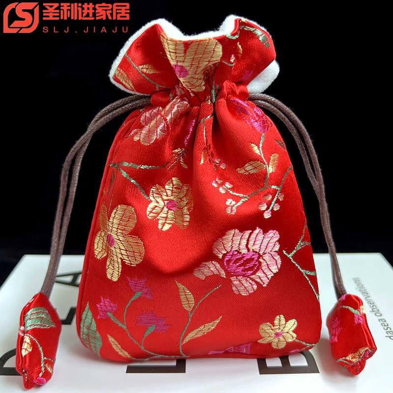燊虓中式織錦碎花絨里抽袋錦囊布袋零錢包佛珠手串收納袋首飾袋加厚款 加厚紅色碎花抽繩15*10厘米