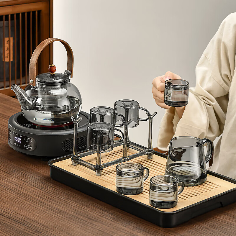 心茧玻璃烧水壶电陶炉煮茶炉茶具套装办公高档整套1500W家用围炉泡茶 合道雅黑+手执如意