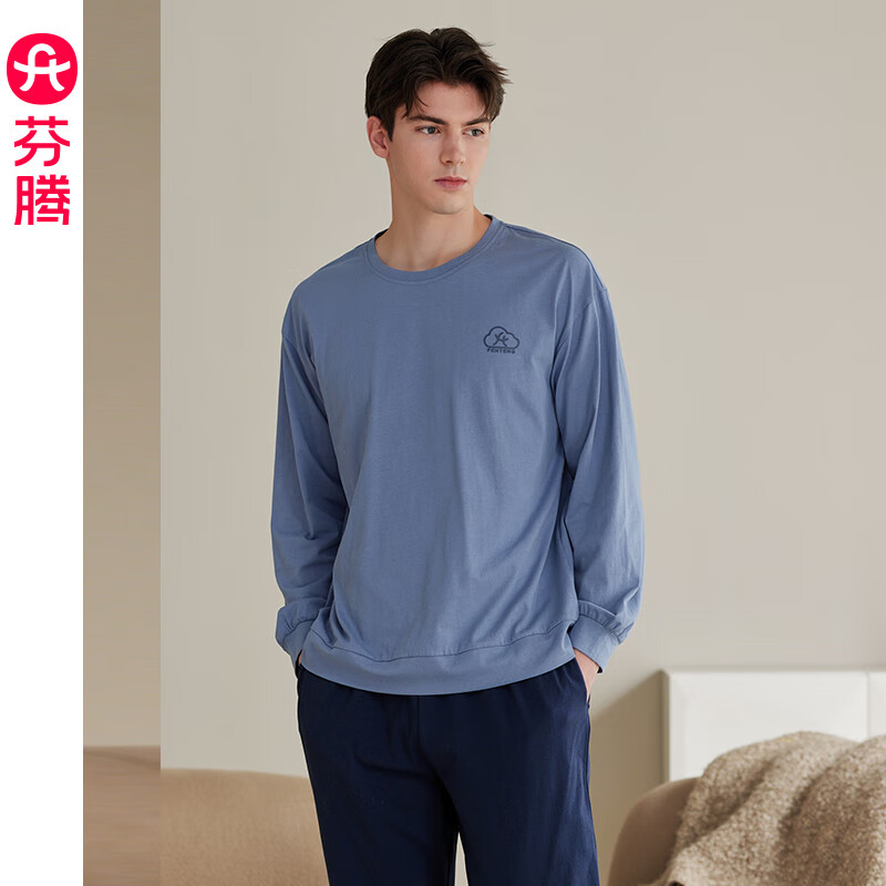 芬腾情侣春秋季长袖睡衣纯棉套头女大码男家居服套装 灰兰 L