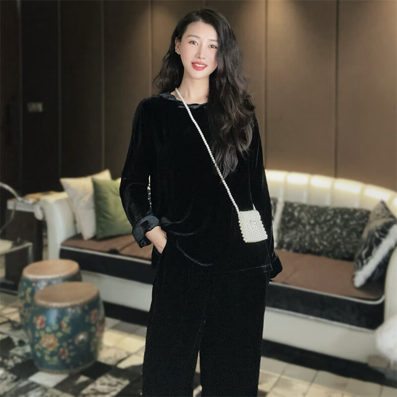 花影妖妖舒适百搭复古真丝绒套装女花边领宽松上衣高腰显瘦阔腿裤春t