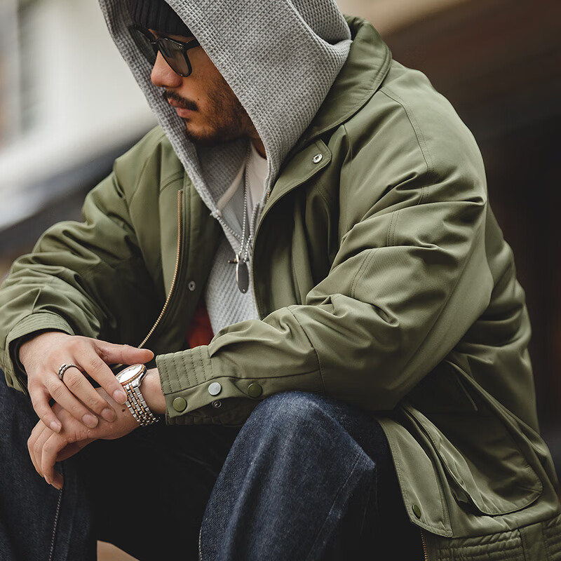 马登（Maden）复古飞行员工装夹克加厚保暖口袋外套棉服男冬季 军绿色 L