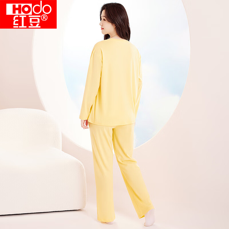 红豆【100%棉】春秋圆领全棉套头女士长袖睡衣印花纯棉舒适家居服 柠檬黄 L 170/92A