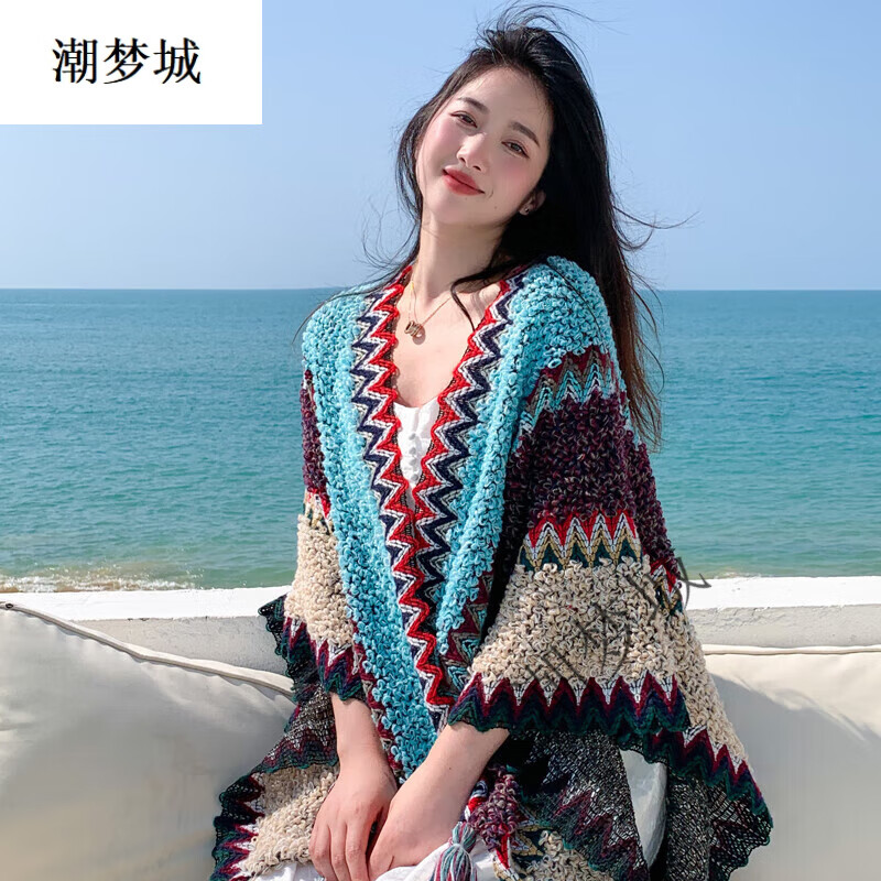 潮夢城民族風披肩旅游披肩斗篷女云南大理麗江青海西藏特 藍色