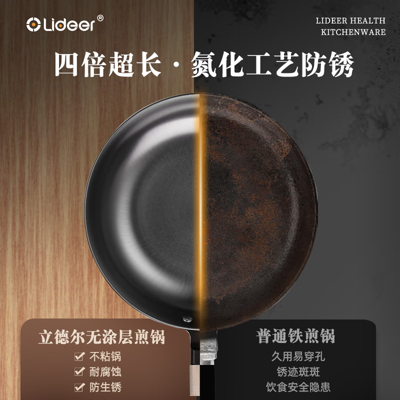 LIDEER COOKWARE平底铸铁生铁锅无涂层不易粘煎蛋锅窒氮化电磁炉锅牛排煎锅 【氮化轻量铸铁平底锅】无盖 20cm