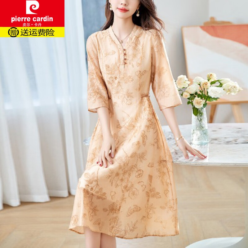 皮爾卡丹（pierre cardin）文藝連衣裙春裝祺袍裙復(fù)古風(fēng)旗袍2025新款感收腰顯瘦裙子針織 圖片色 M