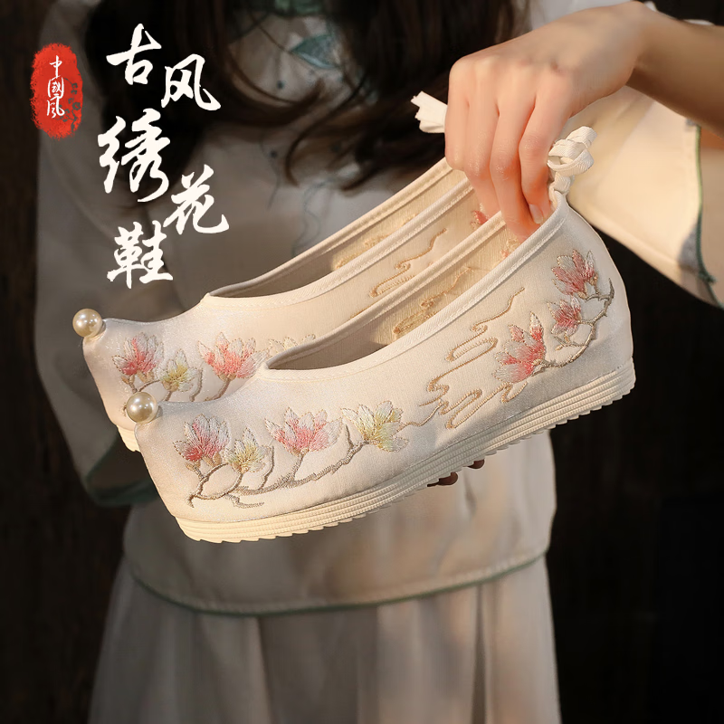 凡小如古风绣花鞋汉服鞋女内增高复古民族风搭配马面裙旗袍厚底单鞋布鞋 白色花海 39 (内增高约3.5cm)