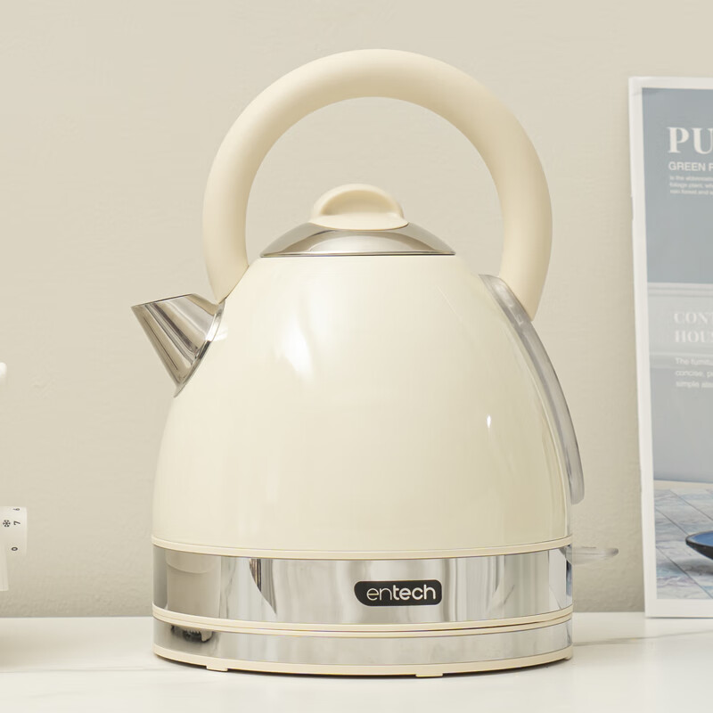 一特（EnTech）英伦复古1800W快速烧水壶家用高颜值高端电热水壶大容量分体式加厚304不锈钢电烧水自动断电防干烧 1.7L 专柜款-奶油白（带水窗）