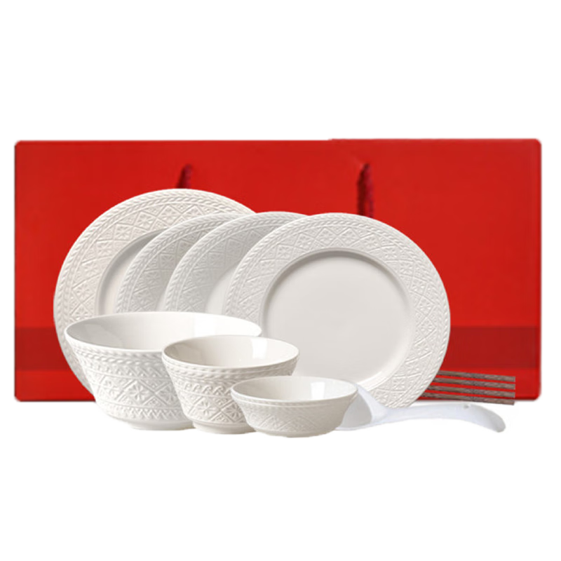 舍里浮雕高級感純白陶瓷餐具家用白瓷米飯碗餐盤(pán)湯碗魚(yú)盤(pán)組合喬遷送禮