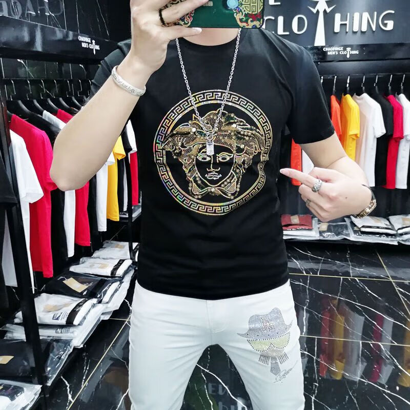 法登爵瓦萨琪短袖t恤男士新款夏季时尚潮流修身韩版t恤 范黑色 m