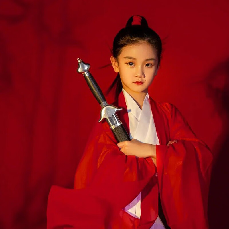 昭麓花木蘭服裝兒童女漢服女童演出服中國風女俠走秀古裝超仙女孩古典 紅色套裝+絲帶 120 cm
