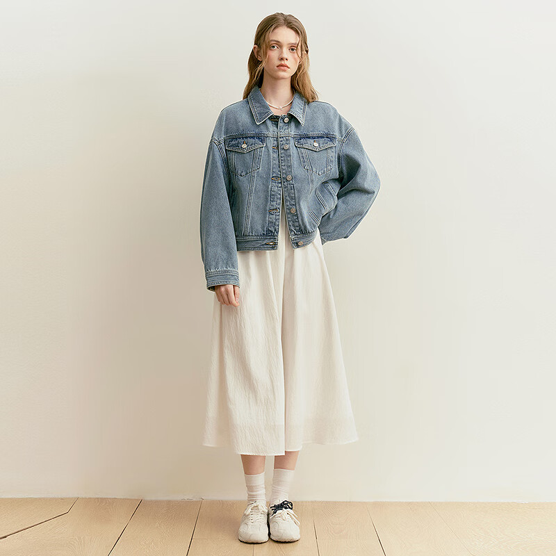 乐町韩系清甜短款棉牛仔外套2025春季新款宽松后背微兜设计上衣 牛仔中蓝（现货） XS