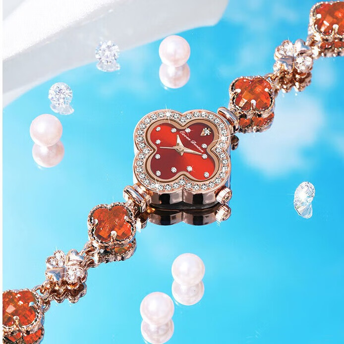 Create Road幸运四叶草女士手链式手表轻奢时尚简约镶钻学生石英送女友礼物 宝石红【送礼盒+手镯】