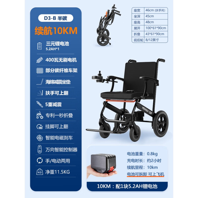 互邦新款老人代步車四輪電動(dòng)殘疾人家用小型老年助力車折疊電瓶車 【進(jìn)口碳纖維】5.2AH跑10km+重11.5kg