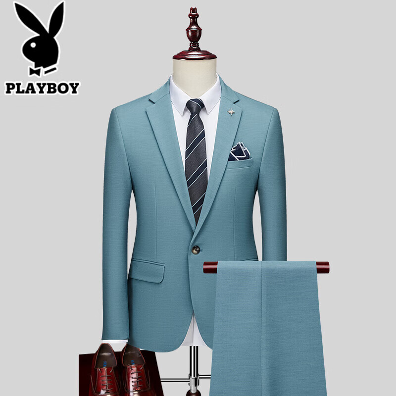 百亿补贴：花花公子（PLAYBOY）西服套装男士商务修身西装男职业正装小西服新郎伴郎结婚礼服外套 湖蓝色 【西服+西裤+衬衫】两件套 L (170) 【115-130斤】