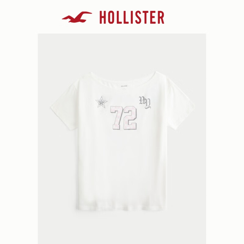 HOLLISTER25春季新款美式辣妹一字肩斜肩短袖T恤女裝KI357-4059 白色 S (165/88A)