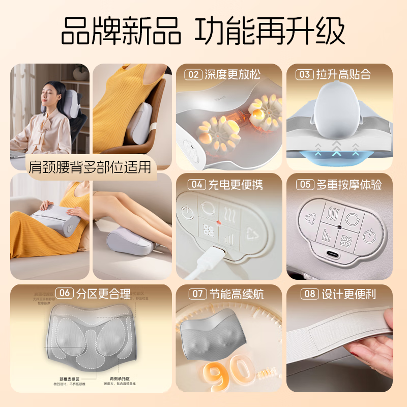 苏泊尔（SUPOR）颈椎按摩器腰部按摩仪头颈部肩颈腿部背部按摩枕揉捏便携大面积按摩 送男女友送爸妈送长辈生日礼 【象牙白顶配礼盒款】TYPE-C充电+可调节气囊