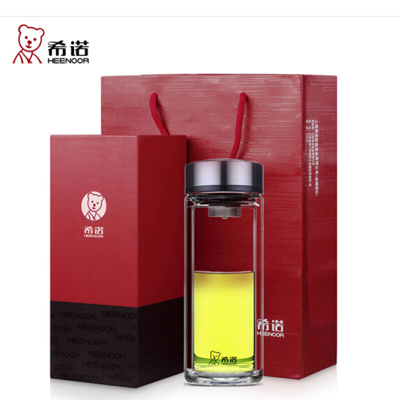 希诺(heenoor)玻璃杯双层隔热加厚水杯高档商务家用加厚带盖过滤泡茶杯子 380ml-本色7073-大小适中
