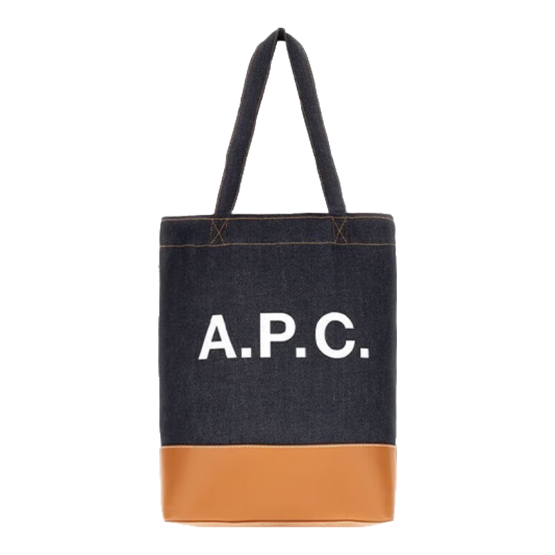 A.P.C.男士黑棕色棉質(zhì)混紡牛仔布品牌標(biāo)徽印花手提包 送男友 送禮