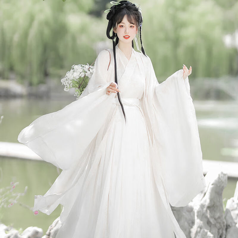 女魏晋风广袖流仙裙古装交领超仙气飘逸神明少女一 碧玉白色三米裙摆
