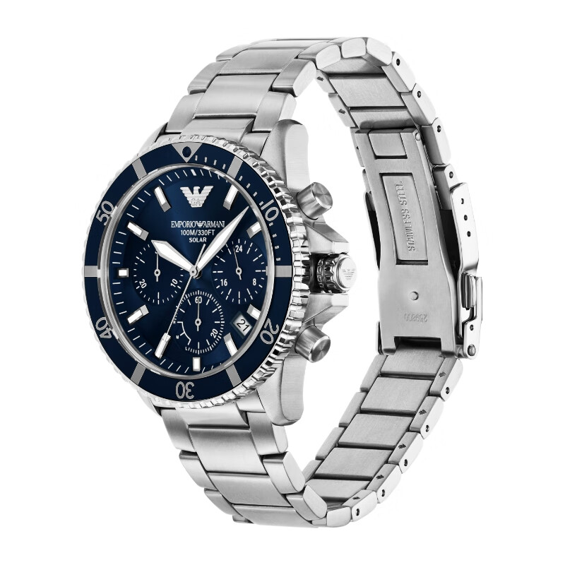 EMPORIO ARMANI阿玛尼手表官方正品男士太阳能三眼计3.8女神节友送男友礼物 银色AR11681 43.5mm