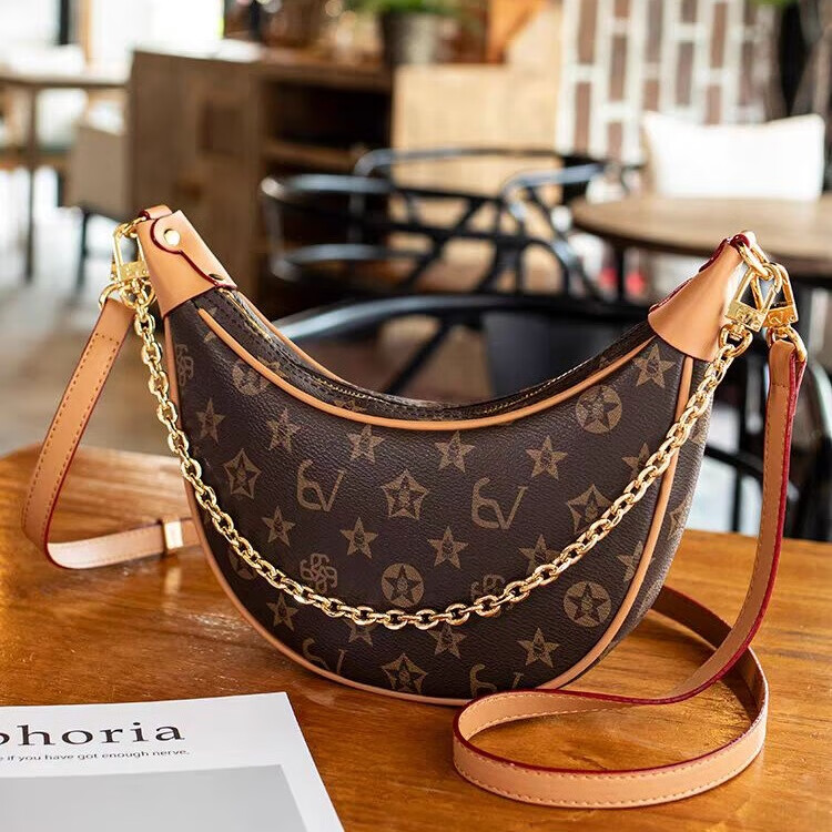 酷奇袋鼠酷奇真皮老花月牙腋下包2025新款高级感链条手提包时尚单肩斜挎包 咖啡色