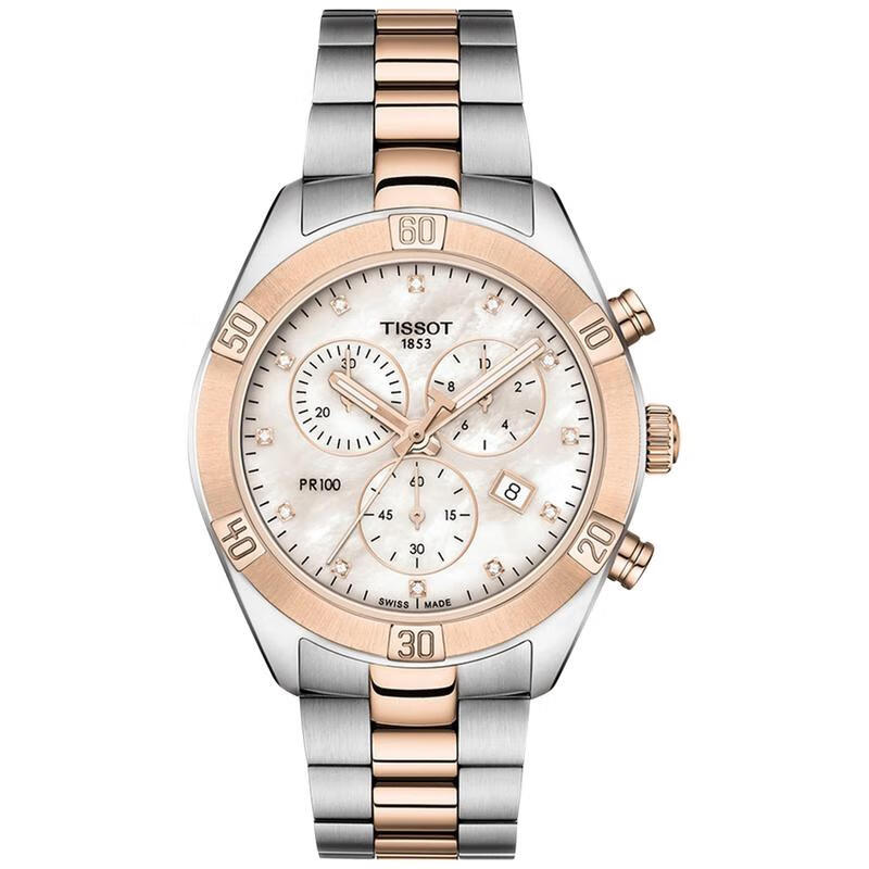 天梭（TISSOT）天梭（TISSOT）女表瑞士手表 PR100系列鑲鉆貝母盤夜光三眼計(jì)時(shí)輕 Two Tone