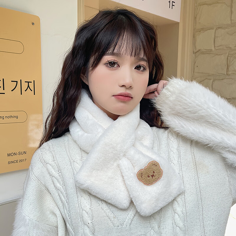 【甄选严选】围巾女秋冬季加厚保暖韩版可爱学生百搭韩国公主小熊 奶白-熊头围巾 1条