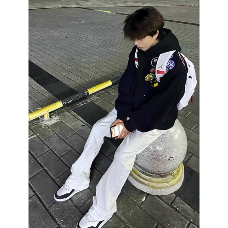 黑盒白弯刀微喇牛仔裤男装美式复古vibe高街显瘦修身黑色直筒长裤子男 白色 常规 L