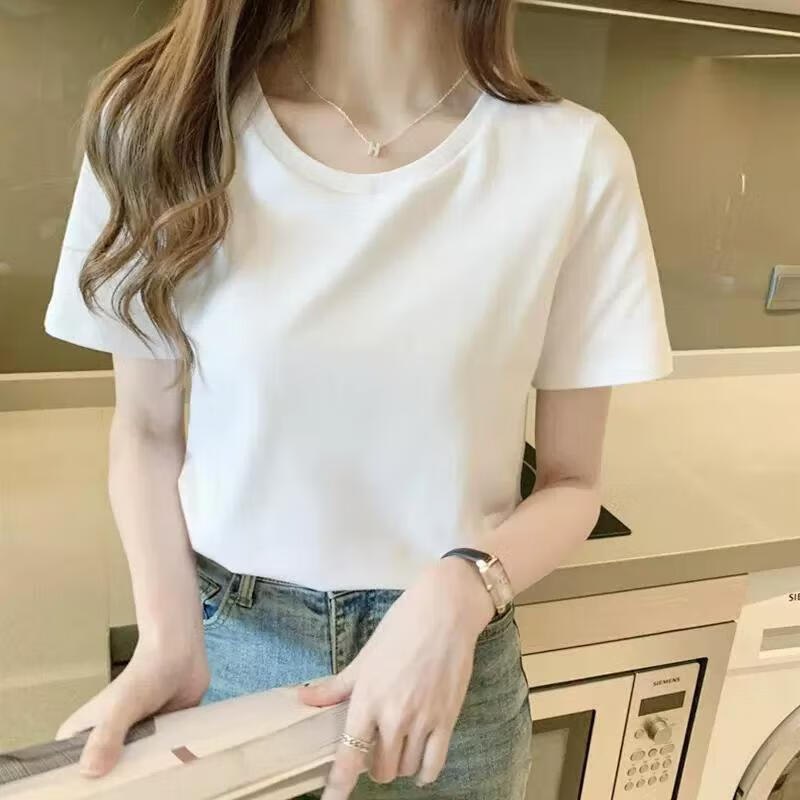 纯色短袖t恤女2025夏季新款纯色百搭简约修身显瘦打底上衣女 炫本色圆领短T白色 XL